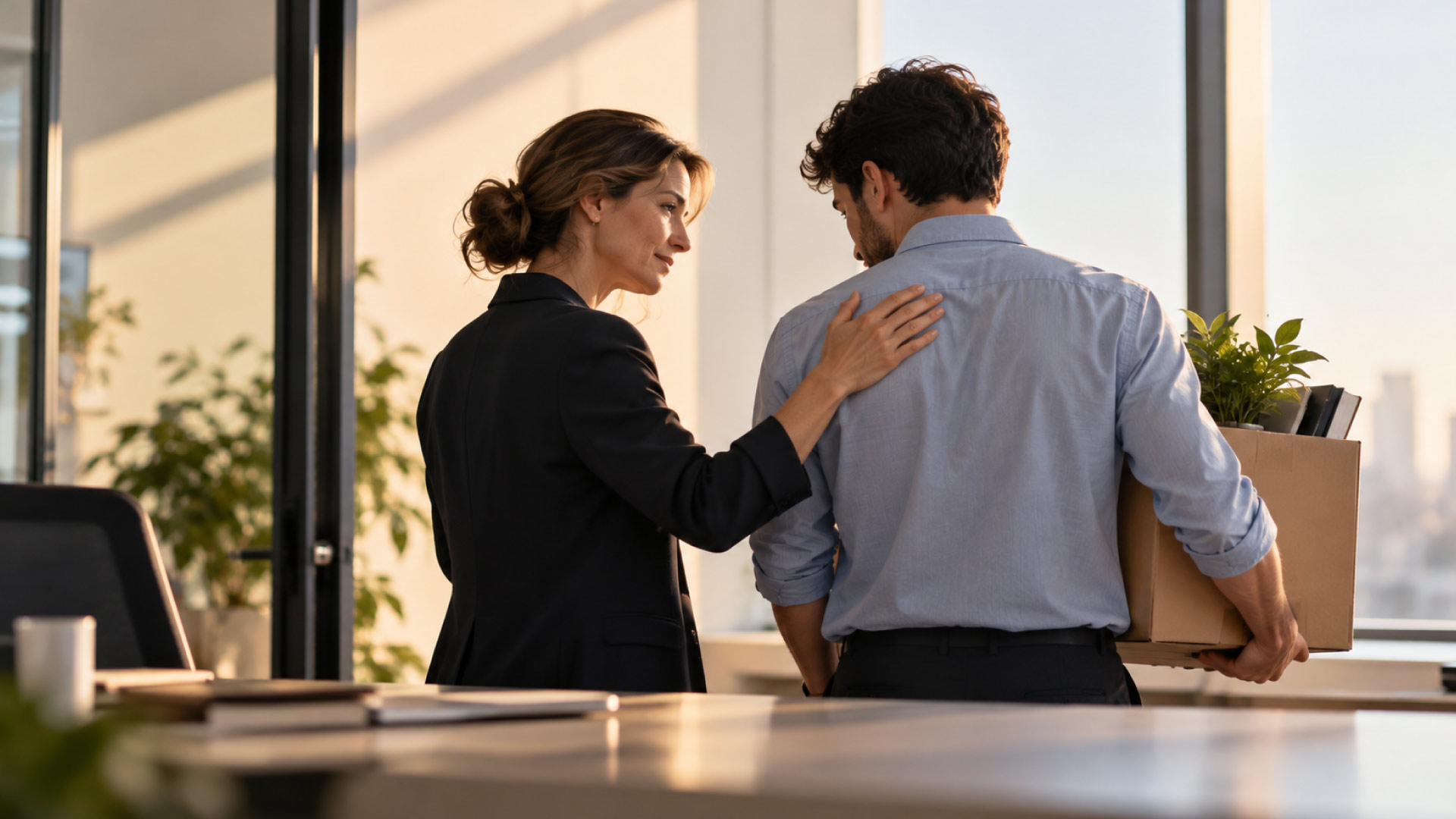 A manager offers a supportive farewell to an employee leaving the workplace, illustrating compassionate accountability during a professional transition.